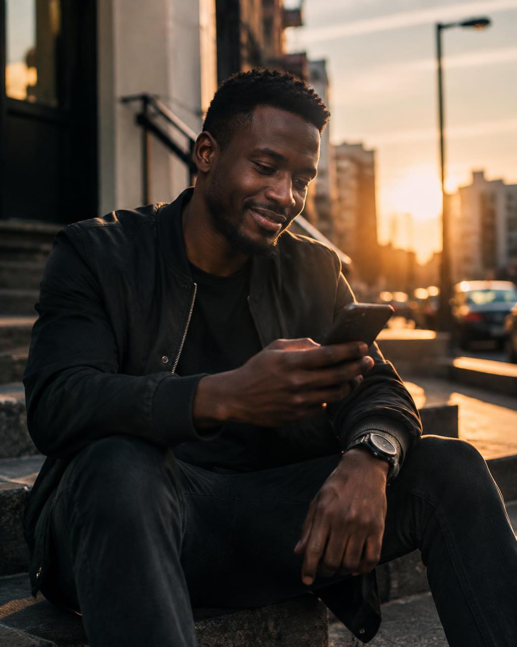 Jovem africano a usar o telemóvel na rua ao fim da tarde